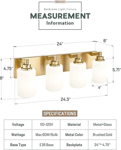 4-Light Bathroom Light Fixtures, 24.5 Inch Brushed Gold Vanity Light with Cylinder Milk White Glass Shade, Modern Vanity Lighting Fixtures Over Mirror, VL143-BG-ML-4