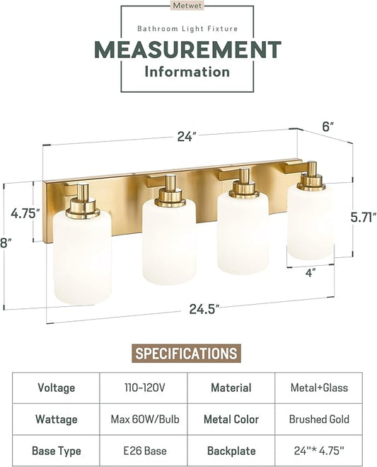 4-Light Bathroom Light Fixtures, 24.5 Inch Brushed Gold Vanity Light with Cylinder Milk White Glass Shade, Modern Vanity Lighting Fixtures Over Mirror, VL143-BG-ML-4