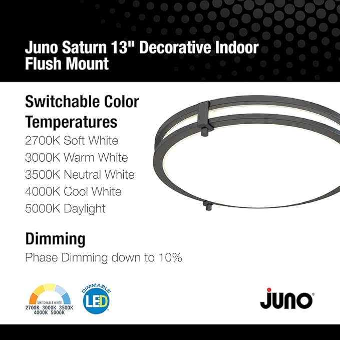 Juno Saturn Flush Mount Ceiling Light with Switchable Color Temperature (2700K-5000K), 13-Inch, Matte Black