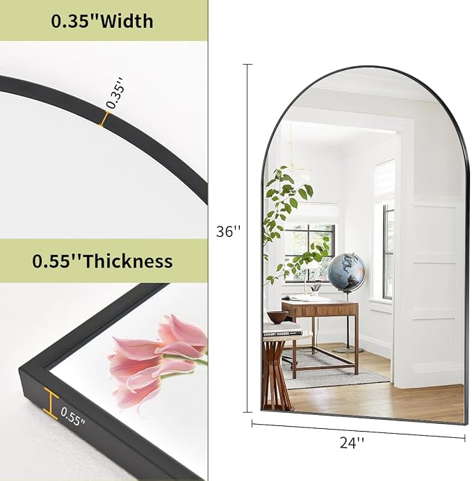 BEAUTYPEAK 24"x36" Arch Bathroom Wall Mirror, Black | Wall Mounted Vanity Metal Frame Mirror for Bedroom, Entryway, Living Room, Fireplace