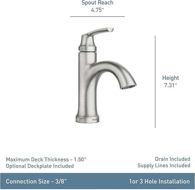 Moen Wellton Spot Resist Brushed Nickel One Hole Single-Handle Bathroom Faucet with Optional Deck Plate and Drain Assembly, 84980SRN