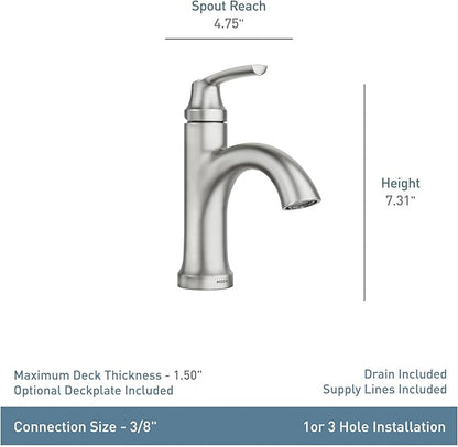 Moen Wellton Spot Resist Brushed Nickel One Hole Single-Handle Bathroom Faucet with Optional Deck Plate and Drain Assembly, 84980SRN