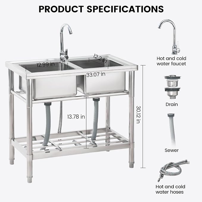Stainless Steel Utility Sink Free Standing, 33 in Laundry Sink | Double Bowl Commercial Sink with Cold and Hot Water Pipe, for Laundry Room Bathroom Farmhouse Litchen