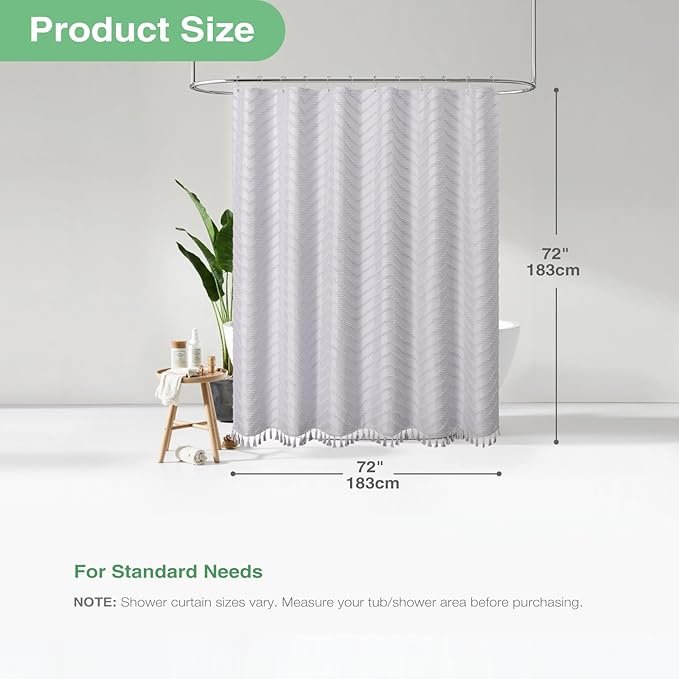 Dynamene Boho Farmhouse Shower Curtain, Lavender Fabric Tufted Chevron Striped Textured Tassel Shower Curtains for Bathroom, Shabby Chic Waterproof Cloth Shower Curtain Set with Hooks, 72x72