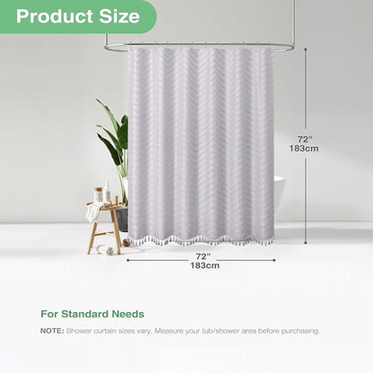 Dynamene Boho Farmhouse Shower Curtain, Lavender Fabric Tufted Chevron Striped Textured Tassel Shower Curtains for Bathroom, Shabby Chic Waterproof Cloth Shower Curtain Set with Hooks, 72x72