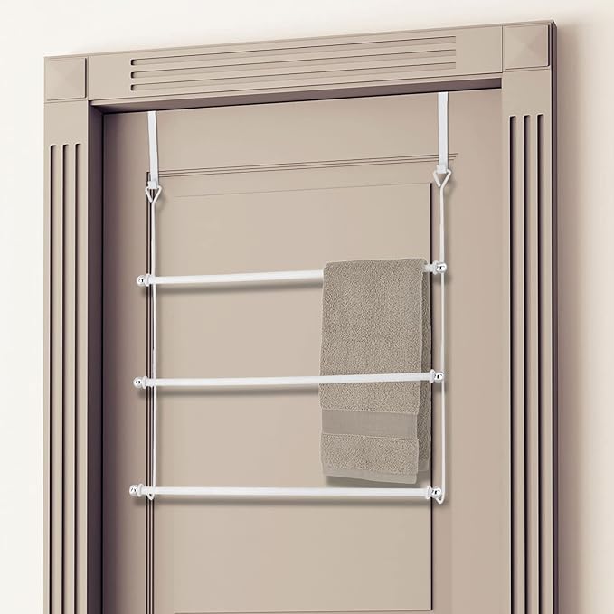 MyGift 3 Tier Over Door Towel Holder White Metal Bathroom Drying Rack | Three Level Storage, Space Saving Design, Easy Door Mounting, Bath Linen Organization, Compact Home Solution