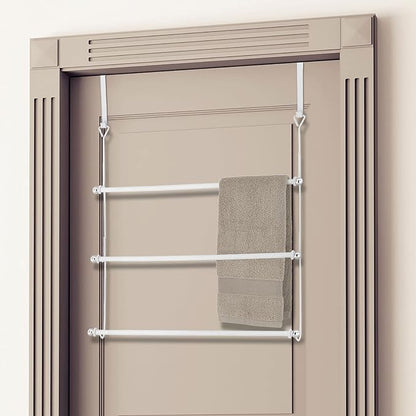 MyGift 3 Tier Over Door Towel Holder White Metal Bathroom Drying Rack | Three Level Storage, Space Saving Design, Easy Door Mounting, Bath Linen Organization, Compact Home Solution