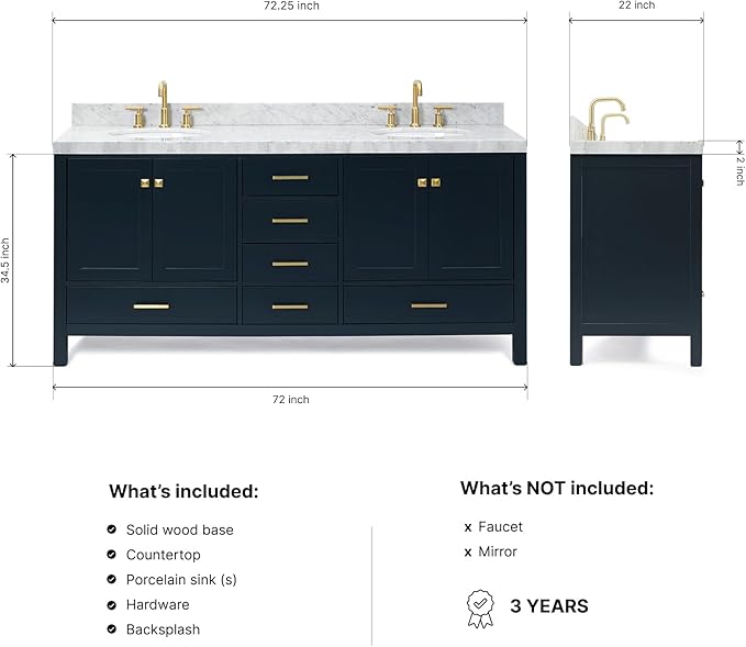 ARIEL Cambridge 72-inch Bathroom Vanity with Sink,Solid Wood, 2-inch Italian Carrara Marble Countertop, Double Oval Porcelain Sink, 4 Soft Closing Doors, 6 Dovetail Drawers, Midnight Blue