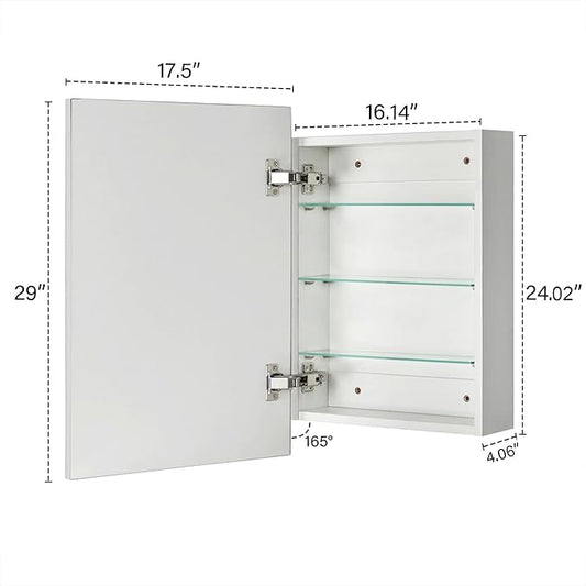 TEHOME 17.5'' x 29'' Polished Nickel Recessed and Surface Mount Bathroom Medicine Cabinet with Mirror Square Cornered Metal Framed Rounded Rectangle Medicine Cabinet Mirror
