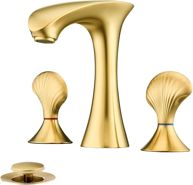Brushed Gold Bathroom Faucet 3 Hole, 8 Inch Widespread Bathroom Sink Faucet for Vanity, 2 Handle Bathroom Faucets, Bathroom Vanity Faucet with Pop-Up Drain and Supply Hoses