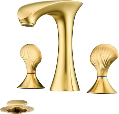 Brushed Gold Bathroom Faucet 3 Hole, 8 Inch Widespread Bathroom Sink Faucet for Vanity, 2 Handle Bathroom Faucets, Bathroom Vanity Faucet with Pop-Up Drain and Supply Hoses