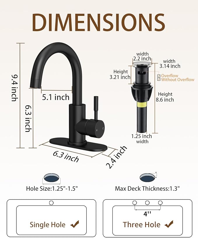 Bathroom Faucets, Bar Sink Faucet Single Hole for Bathroom Kitchen Campers with Pop-Up Drain Hose, Suitable for Farmhouse Vanity Lavatory