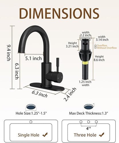 Bathroom Faucets, Bar Sink Faucet Single Hole for Bathroom Kitchen Campers with Pop-Up Drain Hose, Suitable for Farmhouse Vanity Lavatory