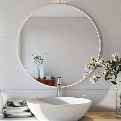 Round Mirror 28 inch, Round White Mirror, Matte White Metal Frame | High Definition Mirror, Rust-resistant, Easy Installation, Circular Mirrors for Living room Bedroom, Entrance, Restroom