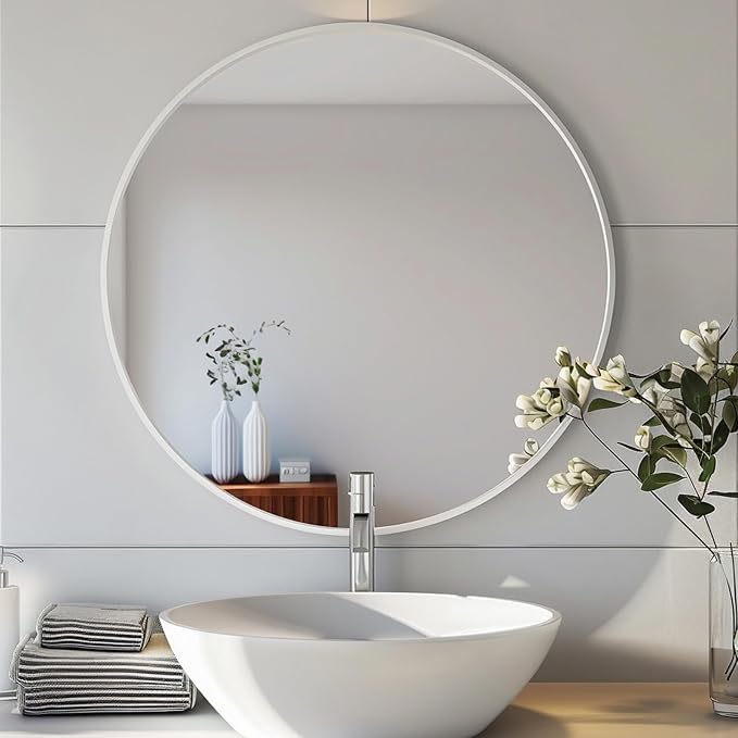 Round Mirror 22 inch, White Circle Mirror with Matte Metal Frame | Matte Metal Frame, High Definition Mirror, Waterproof, Suitable for Bedroom, Bathroom, Entryway, Living Room, Vanity