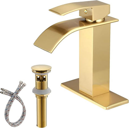 BWE Brushed Gold Bathroom Faucet Modern Waterfall Single Hole Faucet for Bathroom Sink Single Handle with Pop Up Drain with Overflow Assembly and Supply Line Lavatory Bath Faucet