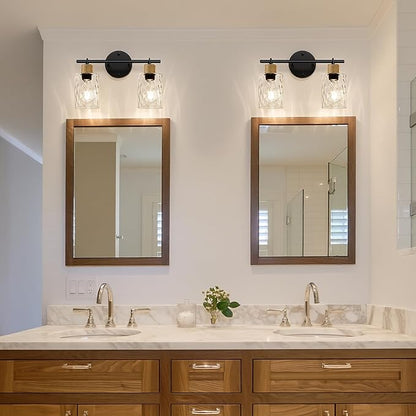 Bathroom Light Fixtures, 2-Light Coastal Vanity Lights with Crystal Glass Shade, Black Bathroom Wall Lamp for Mirror Kitchen Hallway Cabinet