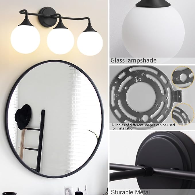 Black Bathroom Light Fixtures Over Mirror Vanity 3-Light | Mid Century Modern Matte Black Wall Sconce with Milky White Glass Ball Shades for for Bathroom Dressing Table Bedroom