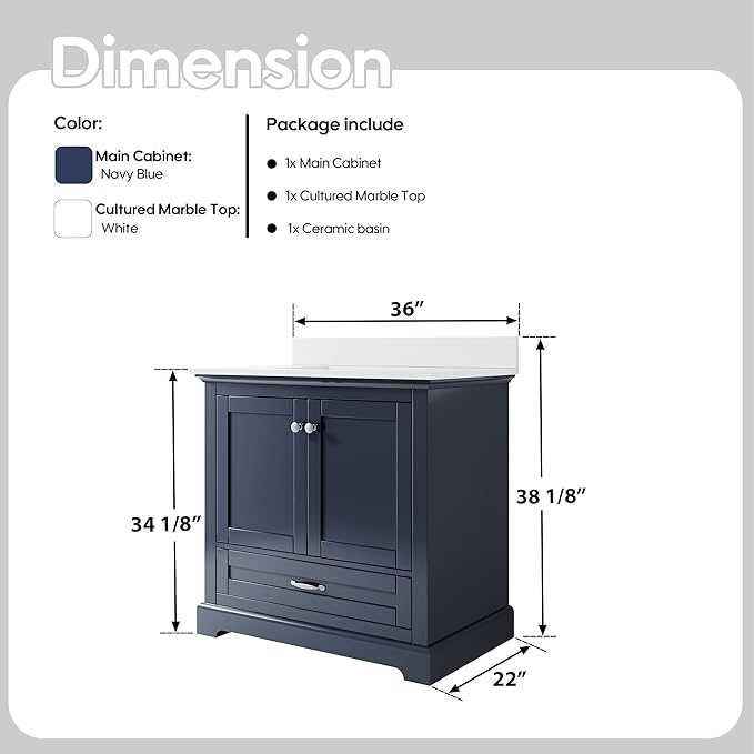 WELLFOR 36" Bathroom Vanity with Sink, Bathroom Freestanding Vanity W/ 2 Soft-Close Doors and 1 Soft-Close Drawers, Bathroom Cabinet Vanity with Cultured Marble Countertop (Navy Blue)