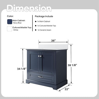 WELLFOR 36" Bathroom Vanity with Sink, Bathroom Freestanding Vanity W/ 2 Soft-Close Doors and 1 Soft-Close Drawers, Bathroom Cabinet Vanity with Cultured Marble Countertop (Navy Blue)