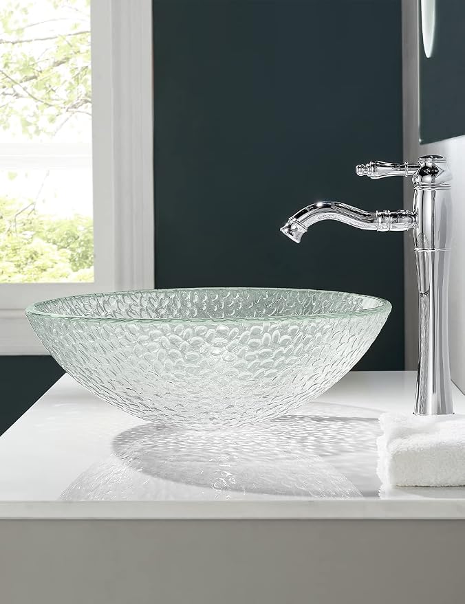 Pearl Series Glass Vessel Sink In Ice Top Raindrop Mount Sinks Above Countertop | Vanity Countertop Clear Transparent Sink Bowl with Pop Up Drain | FW-LA623