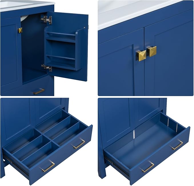 30" Freestanding Bathroom Vanity with Sink, Floor Stand Bathroom Storage Cabinet with Ceramic Sink, Doors with Double-Layered Storage Shelves, Modern Compact Vanity with Divided Drawer, Blue