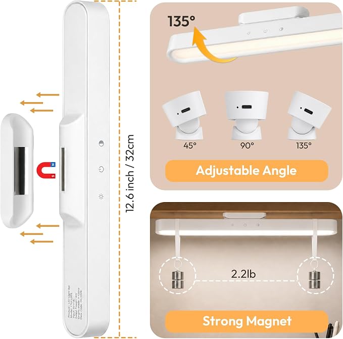 Vanity Makeup Lights for Mirror, 2600mAh Rechargeable LED Stick on Mirror Light, 3 Color Modes Stepless Dimmable Makeup Lights, Magnetic Wireless LED Lights for Bathroom Mirror, Closet (White)