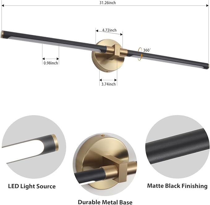 31" Black and Gold Vanity Light Bathroom Light Fixtures Over Mirror, 360° Rotatable LED Brushed Gold and Black Vanity Lights for Bathroom,18W 4000K Modern Vanity Light Bar for Bedroom Hallway Entryway