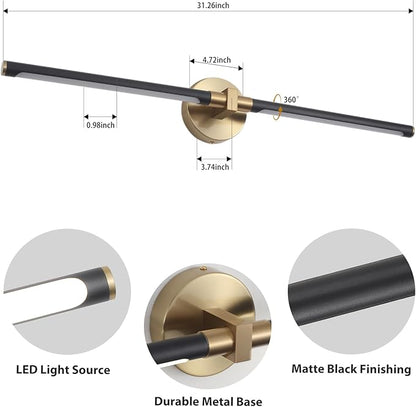 31" Black and Gold Vanity Light Bathroom Light Fixtures Over Mirror, 360° Rotatable LED Brushed Gold and Black Vanity Lights for Bathroom,18W 4000K Modern Vanity Light Bar for Bedroom Hallway Entryway