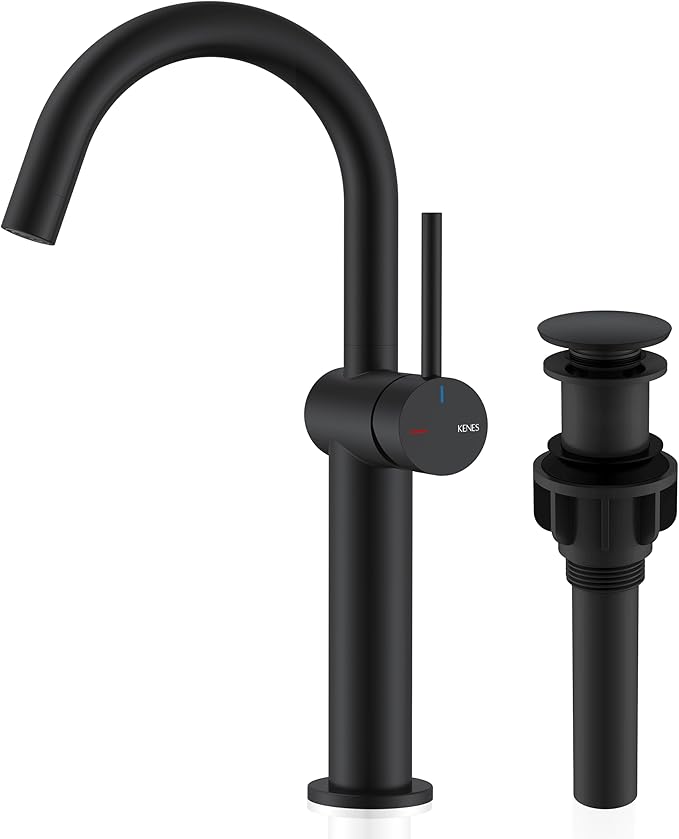 KENES Matte Black Tall Bathroom Vessel Sink Faucet, Single Handle Bathroom Faucet Single Hole, Tall Vanity Faucet with Pop Up Drain and Supply Lines, KE-9005C-2