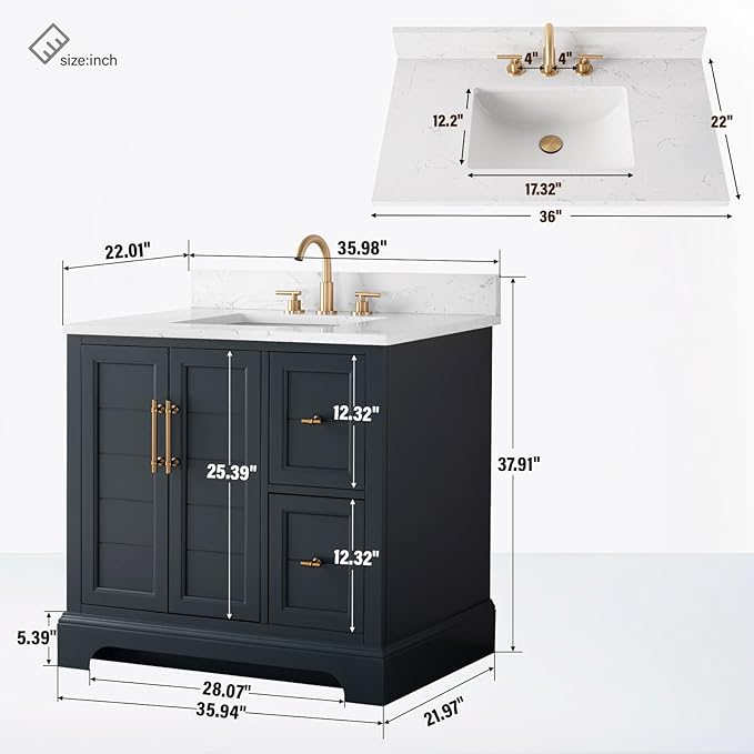 HOMEBEYOND 36 Inch Bathroom Vanity with Single Sink & Ceramic Top, Vanity Cabinet with Center Countertop Basin, Soft-Closing Doors, Backsplash, Vintage Spruce Blue