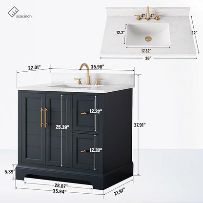 HOMEBEYOND 36 Inch Bathroom Vanity with Single Sink & Ceramic Top, Vanity Cabinet with Center Countertop Basin, Soft-Closing Doors, Backsplash, Vintage Spruce Blue
