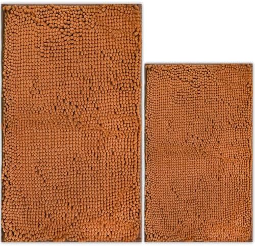 Bathroom Rugs Chenille Bath mat 2 Piece Set, Super Absorbent, PVC Non Slip Backing, Bath mats for Bathroom, Plush Shaggy, Thick, Machine Washable, Bathtub, Shower, Toilet.(Champagne)