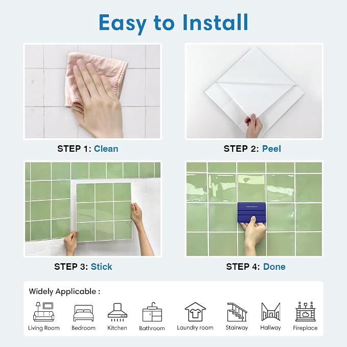 Thicker 3D Peel and Stick Backsplash Tiles, 10 Pcs 12" x 12" | Green, Glossy Self Adhesive Vinyl Backsplash Wall Sticker for Kitchen Bathroom DIY Wall Makeover, Cover 10 sq ft，Removable