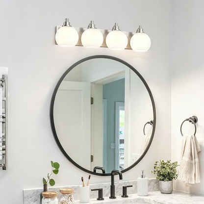 IZORRO Bathroom Light Fixtures, 4-Light Brushed Nickel Vanity Light, Modern Wall Sconces with Globe Milk White Glass Shade, Vanity Lighting Fixtures Over Mirror,E26 Bulb Socket