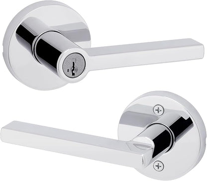 Kwikset Halifax Keyed Storeroom Entry Door Handle with Lock and Key, Secure Keyed Reversible Lever Exterior, for Front Entrance and Bedrooms, Polished Chrome, Pick Resistant Smartkey Rekey Security