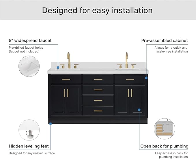 ARIEL Hepburn 66-inch Bathroom Vanity with Sink,Solid Wood, 1.5-inch Pure White Quartz Countertop & Backsplash, Double Rectangular Porcelain Sink, 4 Soft Closing Doors, 6 Dovetail Drawers, Black