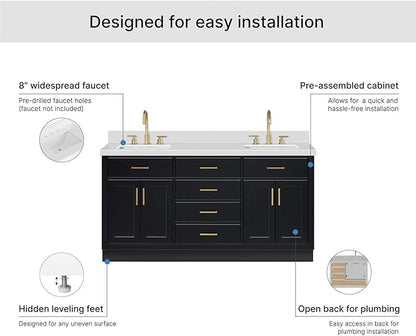 ARIEL Hepburn 66-inch Bathroom Vanity with Sink,Solid Wood, 1.5-inch Pure White Quartz Countertop & Backsplash, Double Rectangular Porcelain Sink, 4 Soft Closing Doors, 6 Dovetail Drawers, Black