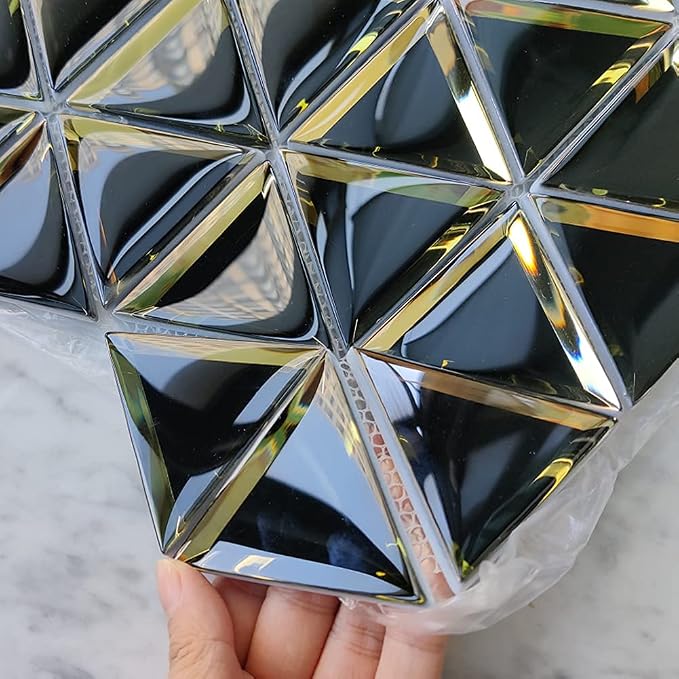 Beveled Mirror Glass Mosaic Tile, Glass Tile for Bathroom Kitchen Backsplash Shower Wall, Pack of 5 Sheets (Black and Gold, 3 Inch)