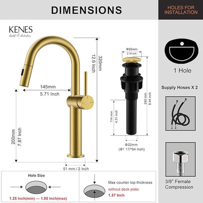 KENES Brushed Gold Tall Bathroom Faucets with Pull Down Sprayer, High Vessel Sink Faucet with Pull Out Sprayer, Single Handle Vanity Faucet 1 Hole with Pop Up Drain & Supply Lines, LJ-9065A-4