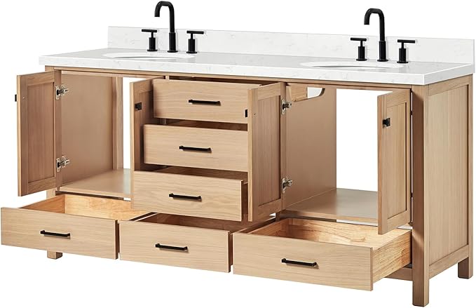 ARIEL Cambridge 72-inch Bathroom Vanity with Sink,Solid Wood, 1.5-inch Carrara White Quartz Countertop & Backsplash, Double Oval Porcelain Sink, 4 Soft Closing Doors, 6 Dovetail Drawers, White Oak