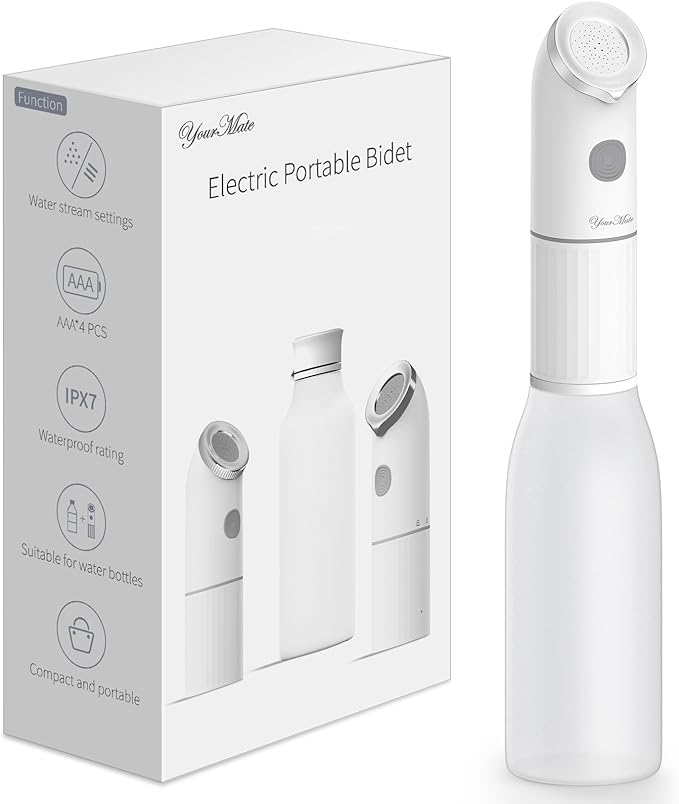 YourMate Electric Portable Bidet for Travel & Daily Hygiene, 2 Modes Spray, High Pressure Handheld, 350ML Tank, IPX7 Waterproof, AAA Battery Operated w/ Bottle Adapter