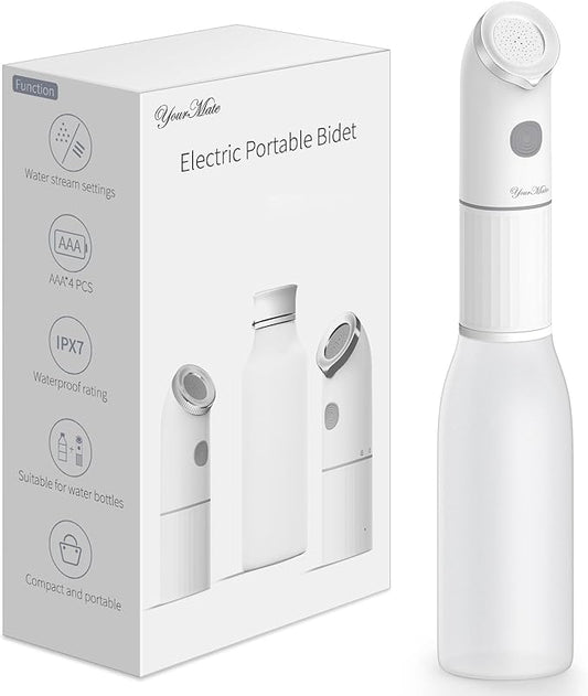 YourMate Electric Portable Bidet for Travel & Daily Hygiene, 2 Modes Spray, High Pressure Handheld, 350ML Tank, IPX7 Waterproof, AAA Battery Operated w/ Bottle Adapter
