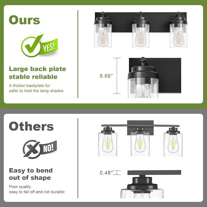 3-Light Bathroom Light Fixtures, Matte Black Vanity Lights | Modern Bathroom Lighting Fixtures Over Mirror, Vanity Lights for Bathroom, Mirror, Restroom, Bedroom, E26