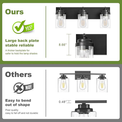 3-Light Bathroom Light Fixtures, Matte Black Vanity Lights | Modern Bathroom Lighting Fixtures Over Mirror, Vanity Lights for Bathroom, Mirror, Restroom, Bedroom, E26
