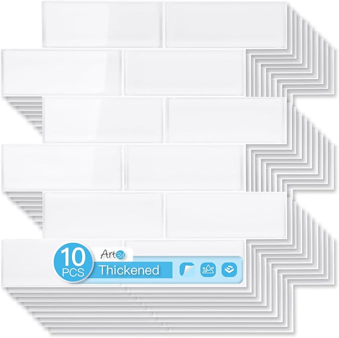 Art3d Subway Design Wall Tile, Peel and Stick Backsplash, 10-Pack, White | 12 x 12 Inch, Water Resistant, Durable, Easy to Installation, Coastal Style, for Modern Home Decor, Kitchen, Home Improvement