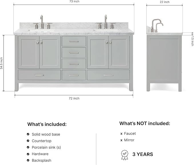 ARIEL Cambridge 72-inch Bathroom Vanity with Sink,Solid Wood, 1.5-inch Italian Carrara Marble Countertop, Double Rectangular Porcelain Sink, 4 Soft Closing Doors, 6 Dovetail Drawers, Grey