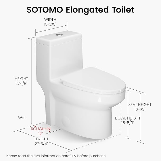 SOTOMO Elongated One Piece Toilet, 12" Rough-In, Compact Design for Bathrooms, 1.1/1.6 GPF Dual Flush toilet, MAP 1000g, Soft-Closing Seat, White Toilet Bowl - 27.75"D x 15.4"W x 27.13"H