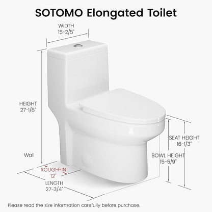 SOTOMO Elongated One Piece Toilet, 12" Rough-In, Compact Design for Bathrooms, 1.1/1.6 GPF Dual Flush toilet, MAP 1000g, Soft-Closing Seat, White Toilet Bowl - 27.75"D x 15.4"W x 27.13"H