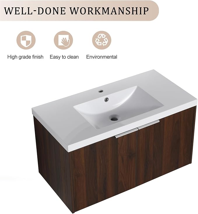 36-Inch Wall Mount Bathroom Vanity With Sink Combo for Home and Company - Modern Floating Walnut Cabinet With Resin Countertop, Double Doors, and Silver Handle